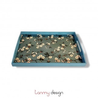 Khay sơn mài chữ nhật xanh lơ dán bạc hoa mận 28*40*H4cm